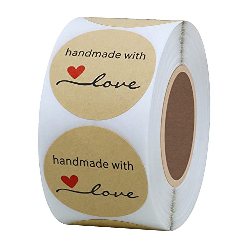 Hybsk Kraft Handmade With Love Stickers 1.5" Inch Round Total 500 Adhesive Labels Per Roll (Kraft) #TOP14
