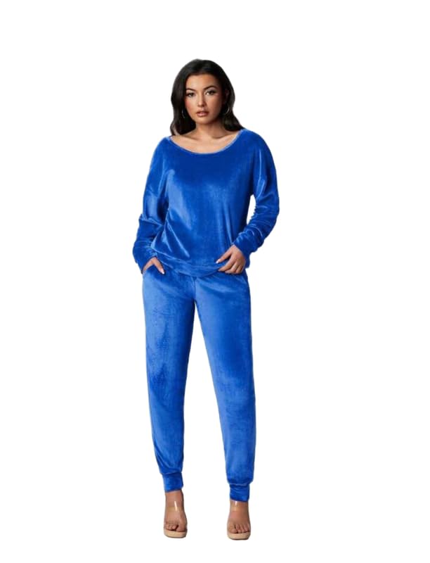 PATAKADEVI Women’s Velvet Two Piece Set Electric Blue Off Shoulder Pullover Top and Tapered Jogger Pants Matching Loungewear Outfit for Comfortable Style-picture-56
