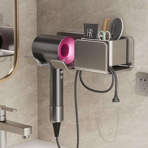 Support sèche-cheveux sans perçage pour salle de bain étagère de rangement wc gris pistolet