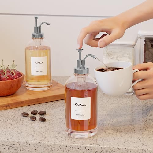Image of 16.9 oz /500 ml Coffee Syrup Dispenser Set - 4 Glass Bottles with Silver Pumper and Syrup Labels - Precise Dispensing and Stylish Addition to Coffee Shop, Cafe or Home Bar