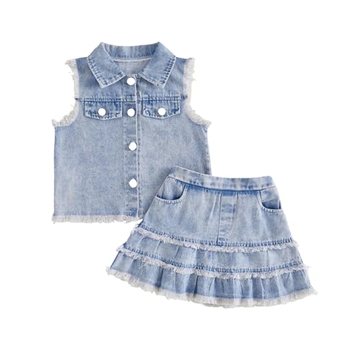 Image of Geagodelia Toddler Girls Outfit Solid Color Sleeveless Lapel Neck Denim Tank Tops Button Down Jacket with Pocket and Elastic Waist Denim Skirt A-Line Ruffled Hem Princess Dress (Blue, 3-4 Years)