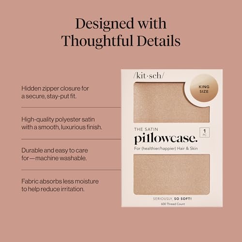 Image of Kitsch Satin Pillowcase with Zipper - King Size, Champagne | Softer Than Silk Pillow Cases, Smooth Cooling Satin Pillow Case for Hair and Skin, Wrinkle-Free, Machine Washable