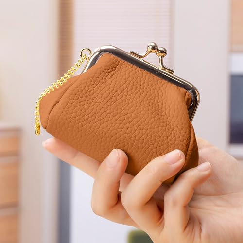 Genuine Leather Coin Purse for Women, Cute Mini Lipstick Holder Case, Small Vintage Kiss Lock Jewelry Storage Organizer Change Bag Pouch (Brown) — view 4