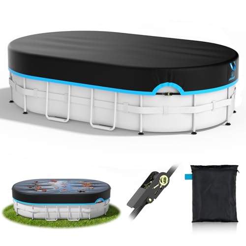 AGROAIDE 10x16 Ft Oval Pool Cover, Heavy Duty Pool Cover Protector with Ratchet Tie Downs, 420D Oxford Fabric for All Season Use - Tear Resistant, UV & Dust Proof