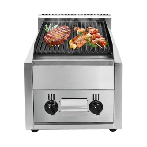Commercial Radiant Broiler, 2 Burner Indoor Smokeless BBQ Grill Commercial Countertop Gas Charbroilers, LPG & Propane Gas Yakitori Grill Indoor Barbecue Griddle with Removable Grill Plate Cover
