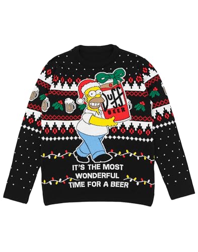 Simpsons Herren-Weihnachtspullover in Schwarz | Homer Simpson Its the Most Wonderful Time for a Beer Strickpullover für Erwachsene | Festlicher Weihnachts-Cartoon-Pullover aus Strickwaren