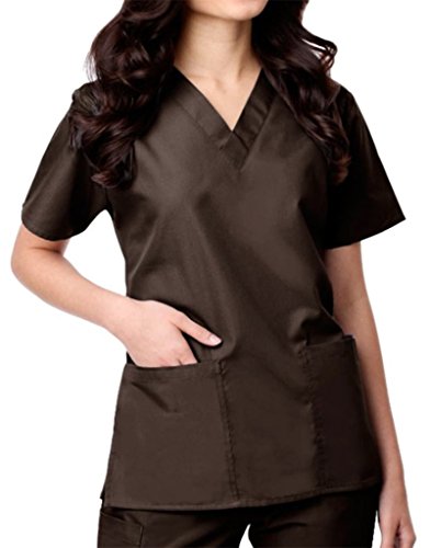 Maevn Womens Unisex V-Neck Two Pocket Scrub Top and Flare Leg Pant Set Chocolate X-Large