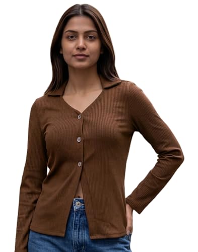 Image of Selvia Women's Ribbed Button Front V Neck Collar Long Sleeve Top, Casual Slim Fit Knit Top