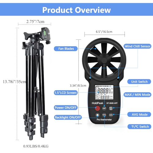 HoldPeak HP-866B Digitaler Windgeschwindigkeitsmesser mit Datenhalt, Hintergrundbeleuchtung, Windchill-Anzeige für Fliegen, Wandern und Shooting Handheld HB-866B-APP(with tripod)