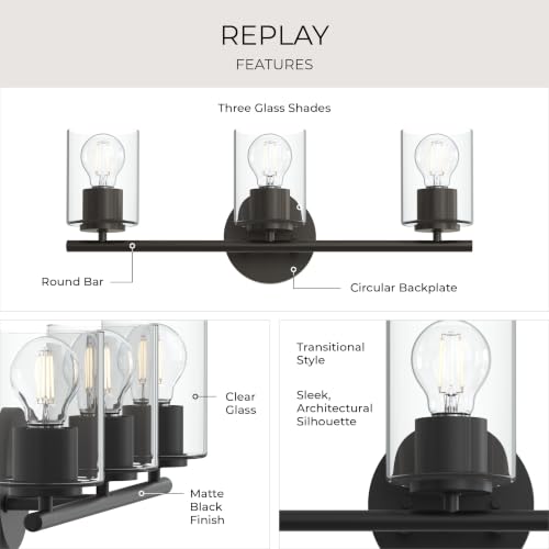 Image of Progress Lighting Replay 22 Inch 3-Light Vanity Light, Transitional, Black with Clear Glass Shades, (7.875 inch H x 22 inch W x 6 inch D), P300583-031
