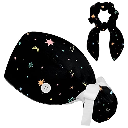 Image of Women's Working Caps Bouffant Surgical Cap with Bow Scrunchies Little Daisy Art Paint Ponytail Holder Tie Back Scrub Hat