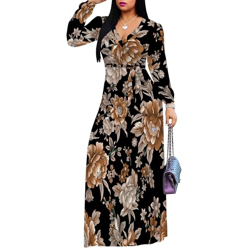 Image of Women Plus Size Long Sleeve V Neck Maxi Dress with Belt | Soft fabric relaxed fit three quarter sleeve v neck with pockets for party and daily wear