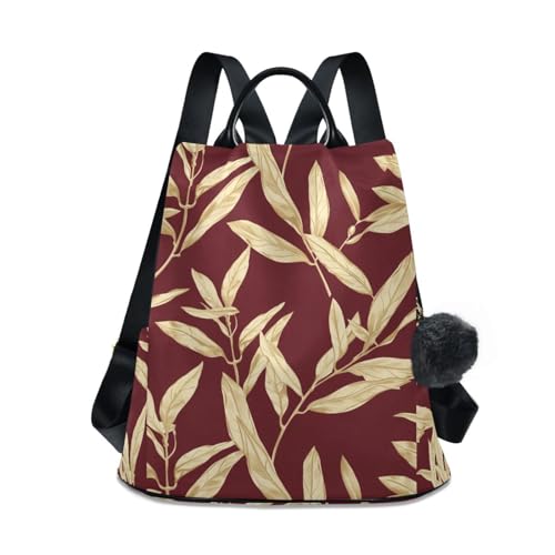 KLL Sac à dos tendance beige avec feuilles d'olivier, rouge foncé, pour femme, travail quotidien, shopping, avec pompon porte-clés