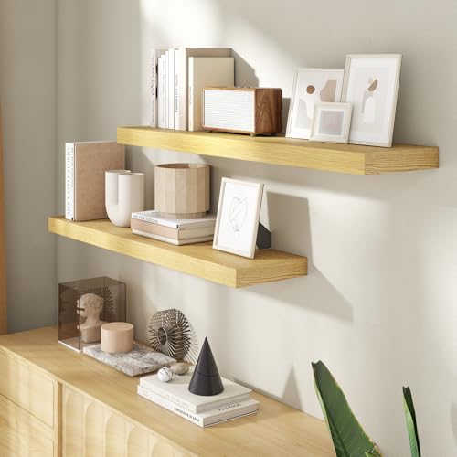 Image of 40 Inch Floating Shelves for Wall, 8 Inch Deep Floating Shelf for Storage & Display, Rustic Wall Mounted Shelf with Invisible Brackets for Living Room, Kitchen, Bathroom, Home Decor, Set of 2, Oak