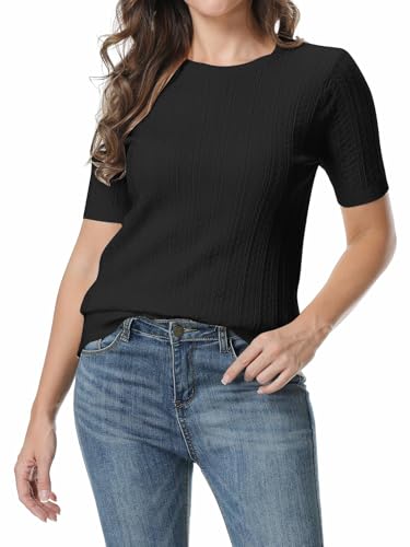 Image of SANGTREE Women's Cable Knit Half Sleeve Sweaters, Crew Neck Solid Color Knitted Summer Pullover Tops