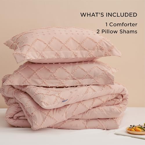 Image of Bedsure Full Comforter Set - Coral Pink Comforter, Boho Tufted Distressed Vintage Bedding for Kids, 3 Pieces Farmhouse-Style Bed Set for All Seasons, Fluffy Soft Bedding with 2 Pillow Shams
