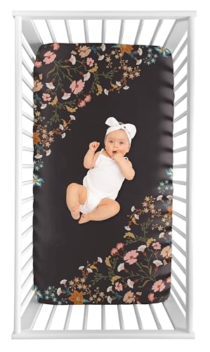 Image of Sweet Jojo Designs 3-Piece Baby Crib Sheets Set (Black Boho Wildflower Vintage Floral) for Girls, Infant Nursery, Toddler Room - Fitted, Standard Size (Solid Rust Orange & Bohemian, Farmhouse, Leaves)