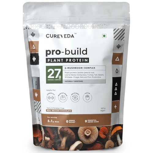 Cureveda Pro-Build Plant Protein Powder | 27g Vegan Protein + 6 Mushrooms | 5.1g BCAA & Digestive Enzymes | Cordyceps, Lion’s Mane, Reishi, Chaga, Shiitake, Turkey Tail | Chocolate | 500g Cureveda Pro-Build Plant Protein Powder | 27g Vegan Protein + 6 Mushrooms | 5.1g BCAA & Digestive Enzymes | Cordyceps, Lion’s Mane, Reishi, Chaga, Shiitake, Turkey Tail | Chocolate | 500g