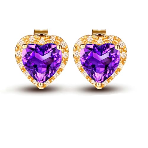 AMDXD Pendientes para mujer de oro de 18 quilates, citrino/amatista/topacio, corazón boho de talla redonda, amarillo/morado/azul, Au 750 Pendientes para mujer con moissanit joyas de oro auténtico, Oro