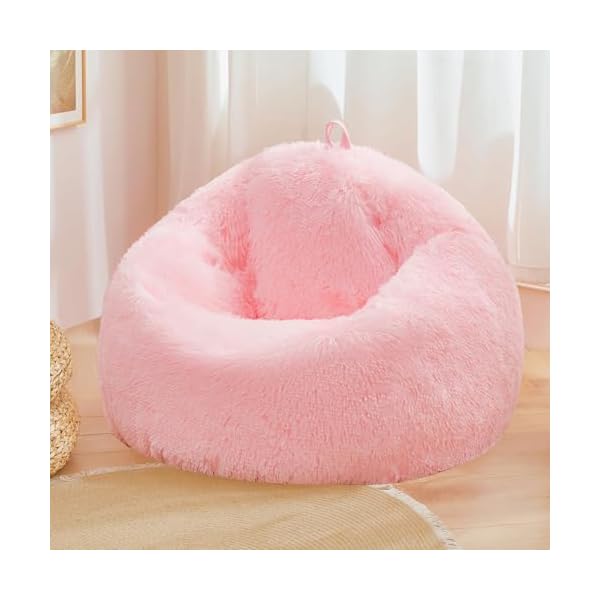 Pink fluffy bean bag chair covers (No Filler), comfy Plush Pink bean bag chair Cover for bedroom, stuffed animal Storage, kids adults teens girls bean bag chairs, Anti-Slip