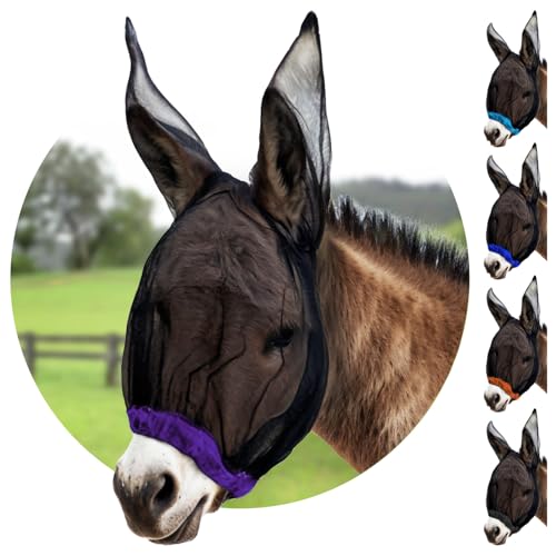 Donkey Fly Mask with Long Ears - (Purple) Mini Donkey Fly Mask with Ears Protection from Insects and Bugs Soft Mesh Fabric with Adjustable Fastener Flymask for Donkeys Made in USA