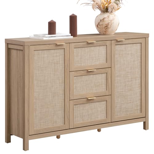 Image of SICOTAS 52 Inch Sideboard Buffet Cabinet with Storage, Rattan Credenza | Farmhouse Boho Coffee Bar Cabinet Storage Cabinet with 3 Drawers, Console Table for Living Room, Kitchen, Hallway