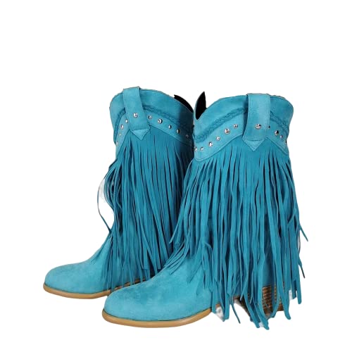 Chunky Rivet Western stövletter, blå mocka tofs tjock klack cowgirl stövel kängor stövlar, Frankie Hsu cowboy sexig modedesigner ledig uppklädd ankel kort sko för kvinnor, BLÅ, 39 EU
