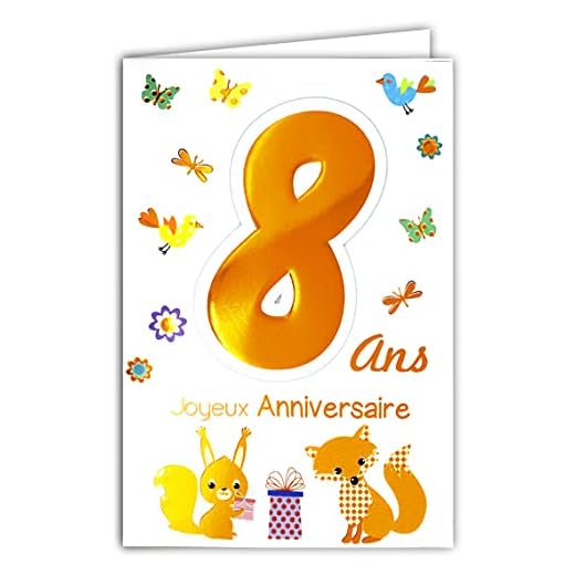 Age Mv 69-2008 - Tarjeta de felicitación de cumpleaños para niño o niña, diseño de pelusa, zorro, pájaros, mariposas