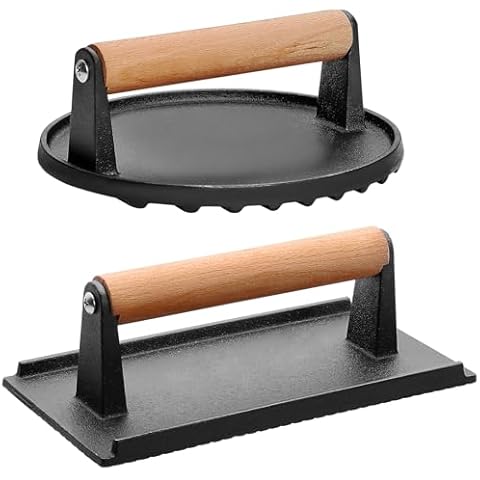 CEKEE Burger Press Set of 2, Cast Iron Grill Press with Wood Handle, 7" Round & 8.2"X 4.3" Rectangle, Heavy-Duty Hamburger Smasher Tool Perfects for Blackstone Griddle, Flat Tops & Meat Grill Cover