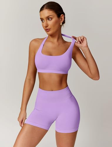 Image of ABOCIW Workout Sets for Women 2 Piece seamless Halter Sports Bra Scrunch Butt Impact Shorts Gym Yoga Outfits