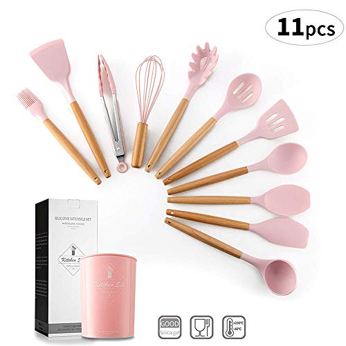 esonmus Utensilios Cocina Silicona11 Piezas+ Barril Antiadherente de Silicona 1Piezas, Cuchara Silicona Cocinar con Mango de Madera, Resistente al Calor Juego de Utensilios de Cocina, Fácil de Limpiar
