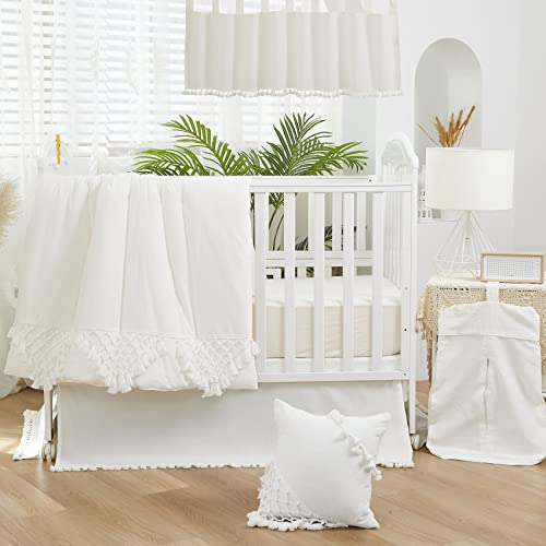 Image of Brandream Boho Bohemian Girl Boy Baby Nursery Crib Bed Skirt Dust Ruffle - Neutral Solid Color Cream Off White Farmhouse Chic 100% Washed Cotton Minimalist Tassel Fringe Macrame
