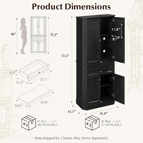 Image of 72.2 inch Tall Kitchen Pantry Cabinet with Doors, Farmhouse Storage Cabinet with Charging Station & LED Light, Drawer, Adjustable Shelves and Pull-Out Shelves, Black Wood Pantry Cupboard for Dining Room