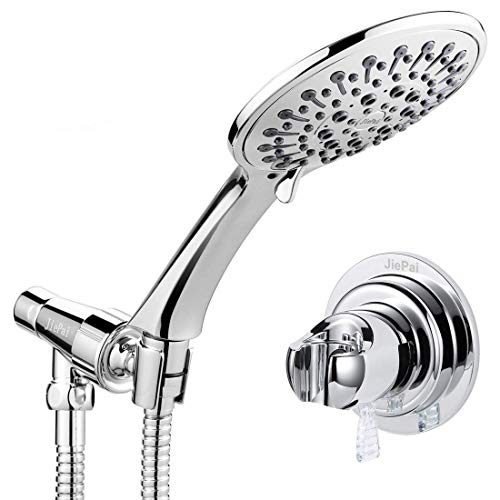 JiePai Kit de pommeau de douche de luxe à haute pression avec 6 réglages de pulvérisation - Pommeau de douche avec tuyau, support de bras et ventouse - Chromé Cover