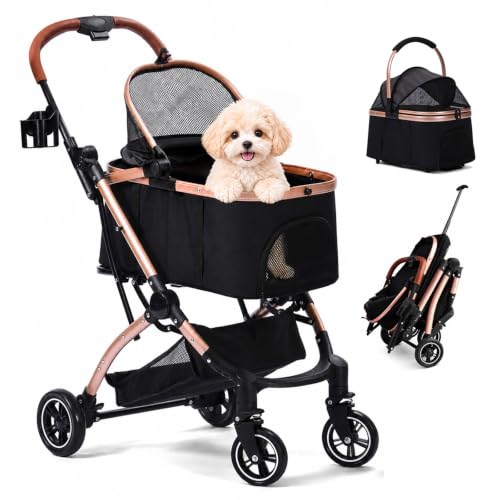 GLEEFURN Dog Strollers for Small Dogs and Cats, 3-in-1 Pet Stroller with Removable Carrier, 4 Wheels One-Hand Fold Travel Carriage with Storage, Cup Holder and Car Seat, Black