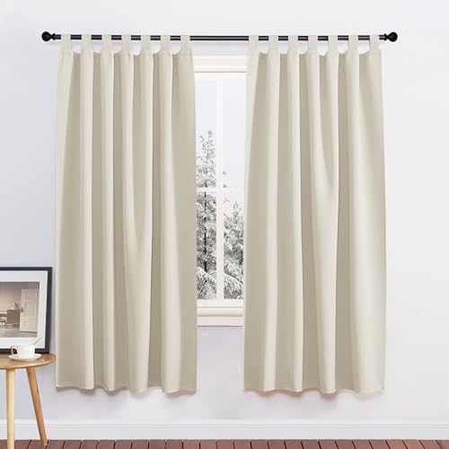 PONY DANCE Tab-Top Curtains Light Beige Living Room Opaque Curtains with Loops Blackout Curtains for Children's Room Set of 2 H 175 x W 140 cm