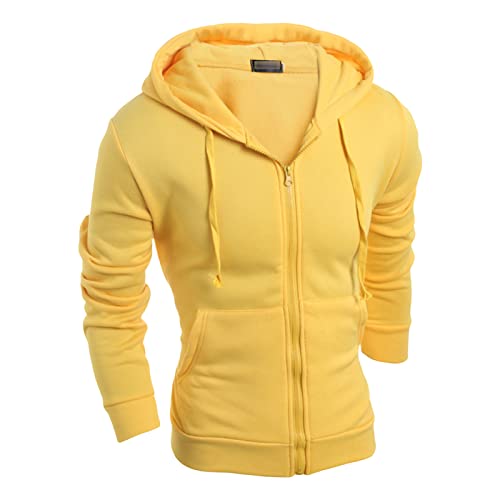 Maiyifu-GJ Men's Long Sleeve Full Zip Hoodie Casual Lightweight Cotton Hooded Sweatshirt Loose Fit Hoodies With Kanga Pocket (Yellow,Medium)