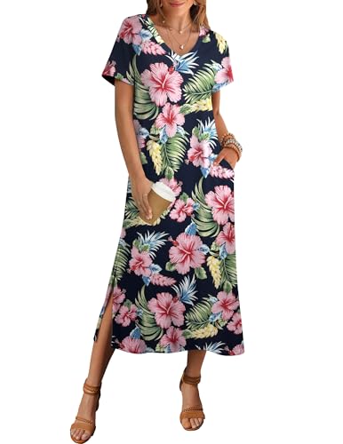 Image of Zeagoo Women Summer Floral Dress Short Sleeve Beach Dress with Pockets Casual V-Neck Split Long T-Shirt Dress Travel Vacation