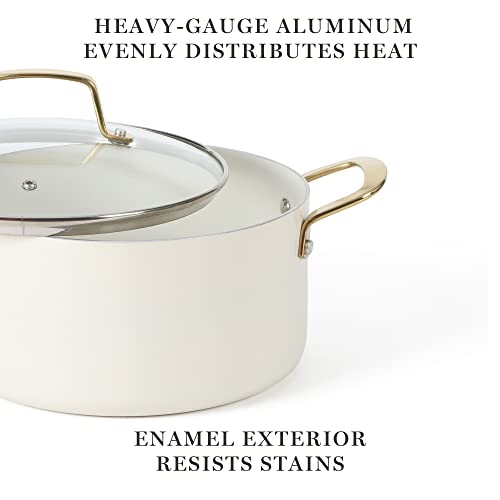 Martha Stewart Lockton Premium Nonstick Pfa Free Ceramic Interior 10 Piece Heavy Gauge Enamel Aluminum Pots And Pans Cookware Set - Linen White W/Gold Handle #TOP5