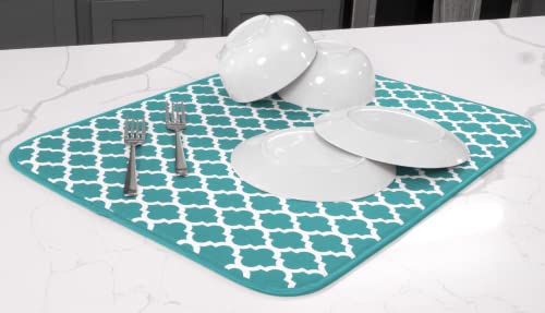 S&T Inc. Absorbent, Reversible Xl Microfiber Dish Drying Mat For Kitchen, 18 Inch X 24 Inch, Teal Trellis #TOP2