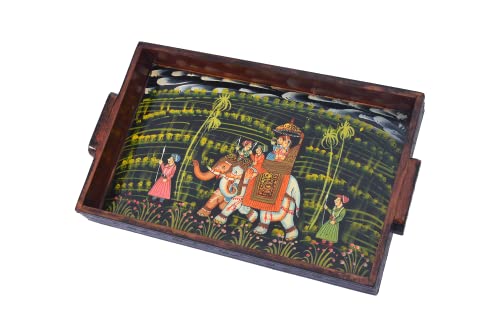 Wooden Decorated Tray Rajasthani Handmade for Home and Gifting (Black Copper Color 8X13), Black Copper 8x13, 8"x13"
