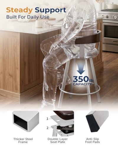 Image of FORSPARK 26 inch Swivel Counter Height Barstool, 350 lbs Capacity Bar Stools | 360 Rotation, Easy to Assemble, Wide Foam Seat, Solid Wood Backrest, Heavy Weight for Kitchen Dining Cafe, Coffee & Sliver