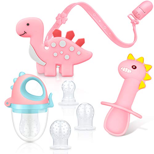TitaCare Dinosaur Baby Teething Toys Set, Dinosaur Teether, Dinosaurs Silicone Utensils Spoon , Dinosaur Food Feeder Pacifier with 3 Silicone Sacs, and Silicone Pacifier Clip, 4 Pack (Pink)