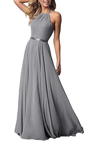 Halter Top Wedding Bridesmaid Dress with Slim Sash Long Prom Formal Evening Party Maxi Dress 2019 for Women Dove Gray
