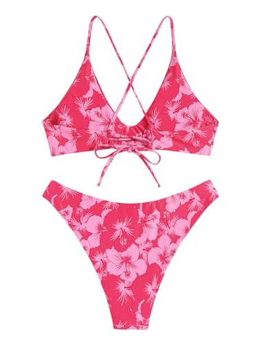 Image of ZAFUL Women's Tie Back Padded High Cut Bralette Bikini Set Two Piece Swimsuit
