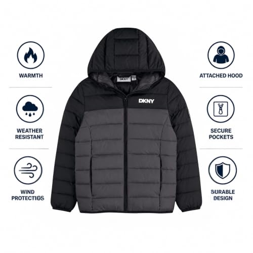 Image of DKNY Boys Winter Jacket, Midweight Puffer Coat, Weather Resistant, Hooded