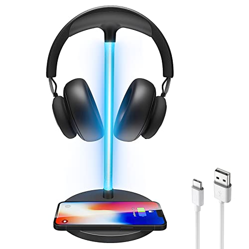 RGB Headphone Stand with Wireless Charging Pad LED, Uineer Fast Wireless Charger Stand for Cell Phone, Desk Headset Holder Hanger Rack for Gaming Earphone Gamer Accessories, Black