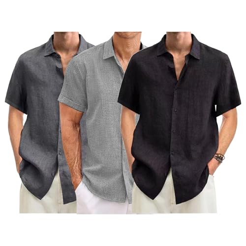 3 Pack Men's Summer Casual Beach Tops Cotton Linen Short Sleeve Shirts for Men Lightweight Button Down Shirt