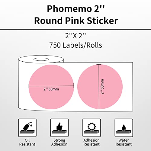 Image of Phomemo Genuine 2 inch Pink Circle Thermal Labels, 2x2 Self-Adhesive Round Sticker Label, Circular Direct Labels Compatible with Phomemo Shipping Labels Printer, 750 Labels /Roll, White,Commercial Grade