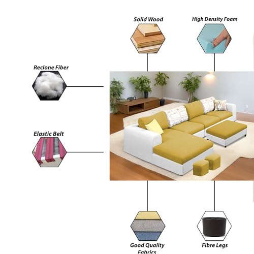 Image of Koza LHS 8 Seater L Shape Sofa Set with Center Table for Living Room (Yellow Grey Fabric) Premium Fabric Sofa